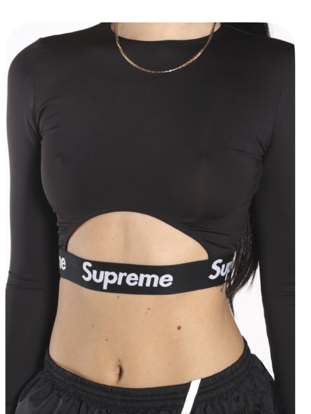 Black Cropped Long-Sleeve Logo Band Top